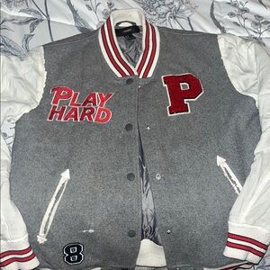 Unisex kids medium 14-16 Gray & White Varsity Jacket with Red Accents
